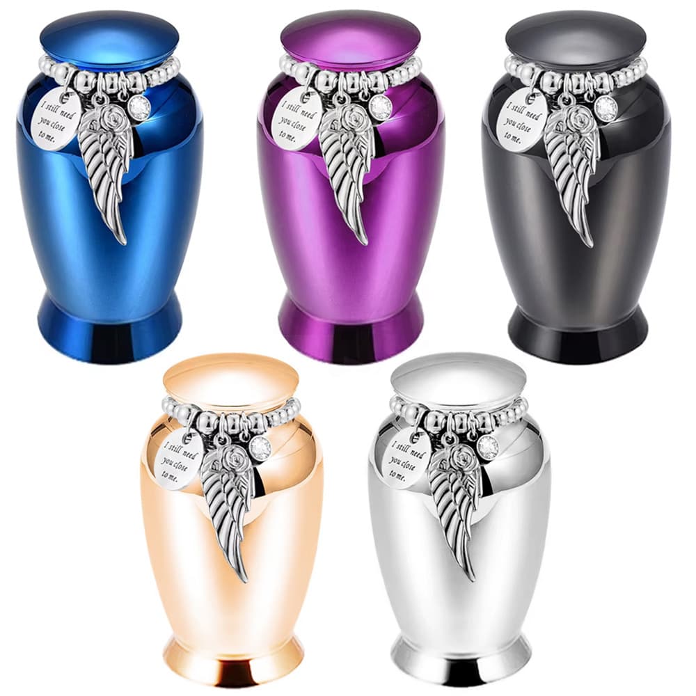 New Pet Urn Aluminum Alloy with Bead Wings Engraved Ash Can Memorial Loved Ones Pet Cremation Urn