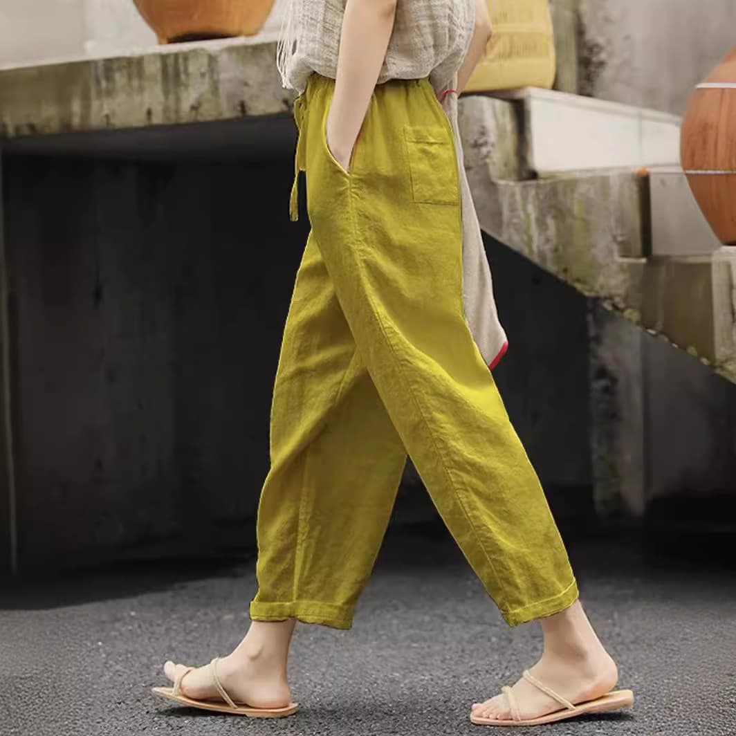 Fall New Style Cotton Linen Solid Color Pocket Drawstring Pants Five Colors Available Women's Full Length Trousers