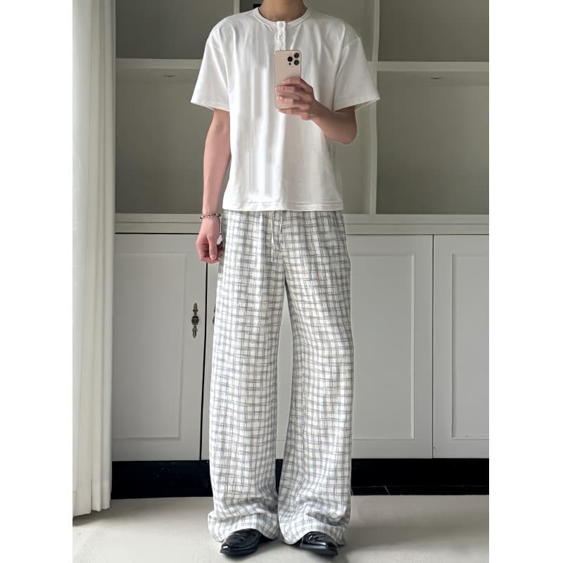 Online Image Salt-Shrink Bubble Pleated Check A-Line Drawstring Casual Pants Plaid Breathable Loose KH165 Special 540