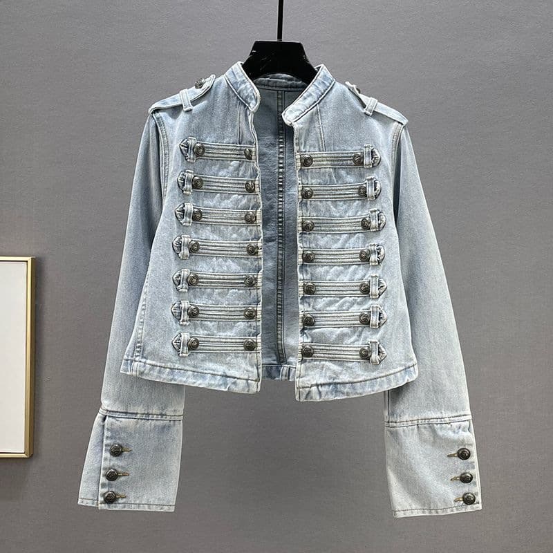 European Style Denim Jacket for Women 2026 Spring Autumn New Trendy Slim Fit Button Decor Stand Collar Long Sleeve Short Coat