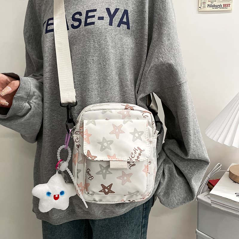 Cute Printed Star Fresh Style Nylon Shoulder Bag for Students Women Mobile Phone Crossbody Bag Daily Match Sweet Letter Contrast