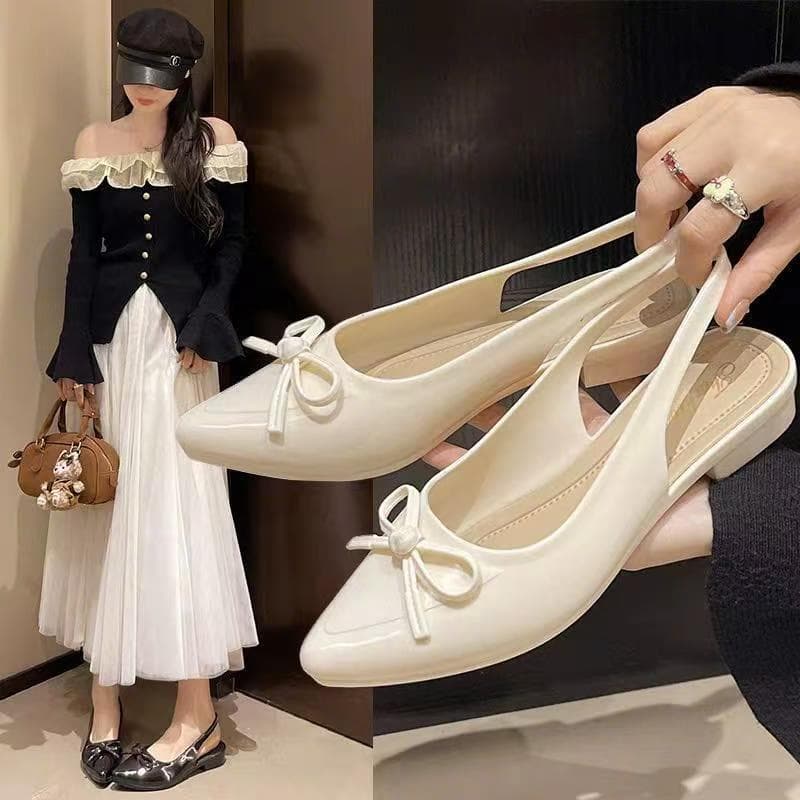 New Summer Closed-Toe Wedge Pointed-Toe Women's Shoes, French Versatile Bow Medium-Low Heel Open-Toe Sandals for Outdoor Wear