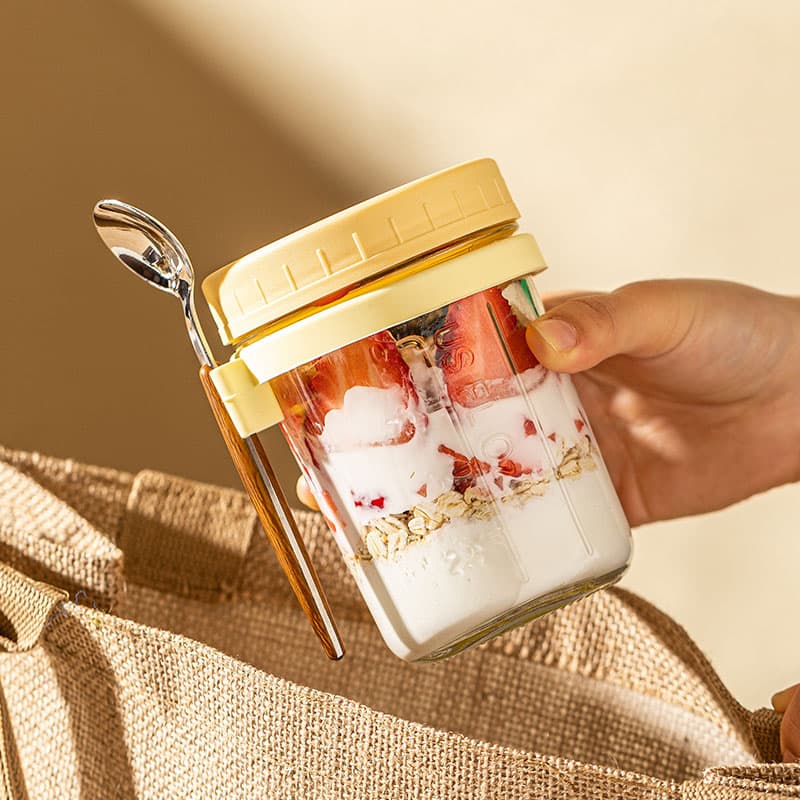 Overnight Oats Container with Lid and Spoon, Smoothie Breakfast Cup, Yogurt Bowl, To-go Cereal Cup, Fruit Lunch Box Mason Jar