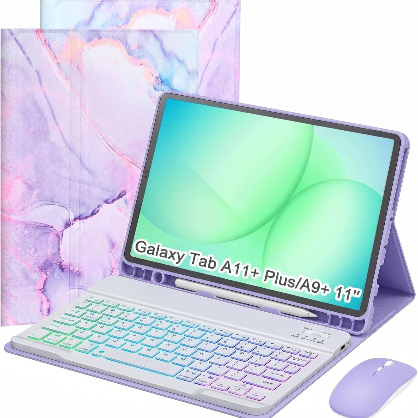 Suitable for Samsung Tab A11plus marble pattern colorful Bluetooth keyboard leather case A9+ backlit keyboard case