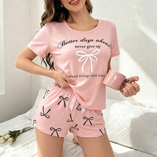 [Custom] Silk Bow Letter Print Short Sleeve Shorts Pajama Set Home Custom Design