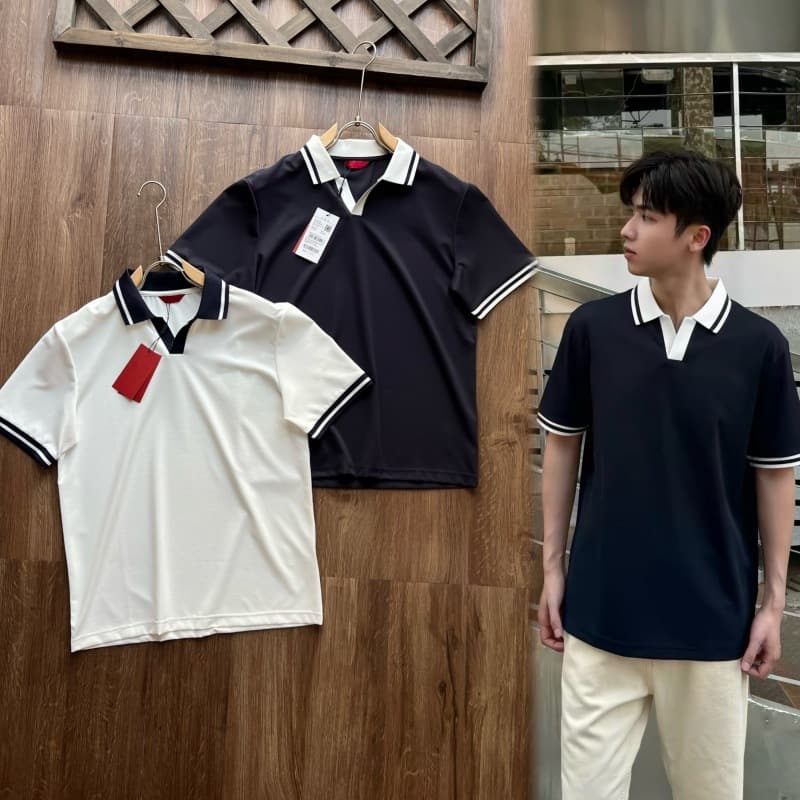 Little musician elegant gentleman waffle summer men's short-sleeved T-shirt casual lapel Polo shirt men's thin top