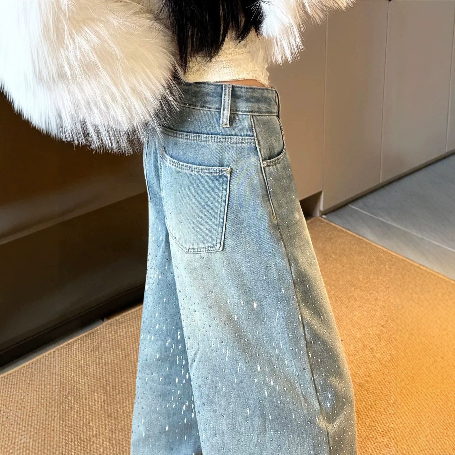 American Style Starry Rhinestone Wide-Leg Jeans for Women, Spring New Arrival, Plus Size, High-Waist, Loose Fit, Slimming Straight-Leg Pants