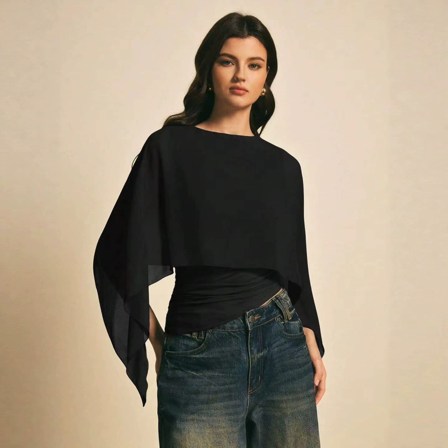 2026 Summer New Cross-Border Women's Cape Sleeve T-Shirt, Round Neck Loose Chiffon Cover-Up, Elegant Asymmetric Top