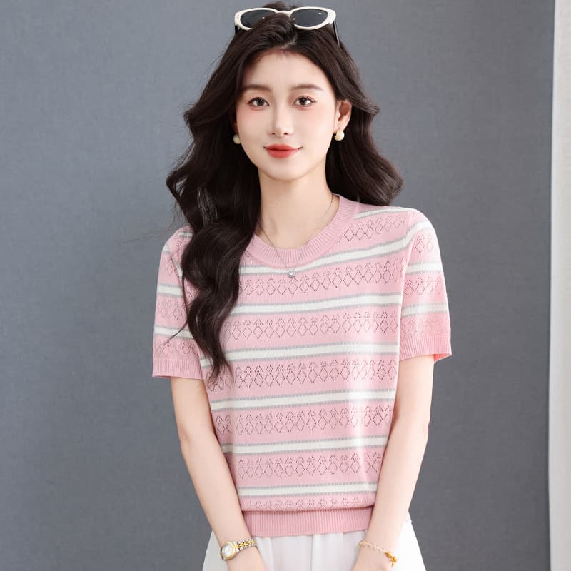 Round Neck Loose Ice Silk T-Shirt for Women Summer New Trendy Elegant Gentle Style Loose Versatile Slimming Short Sleeve Top