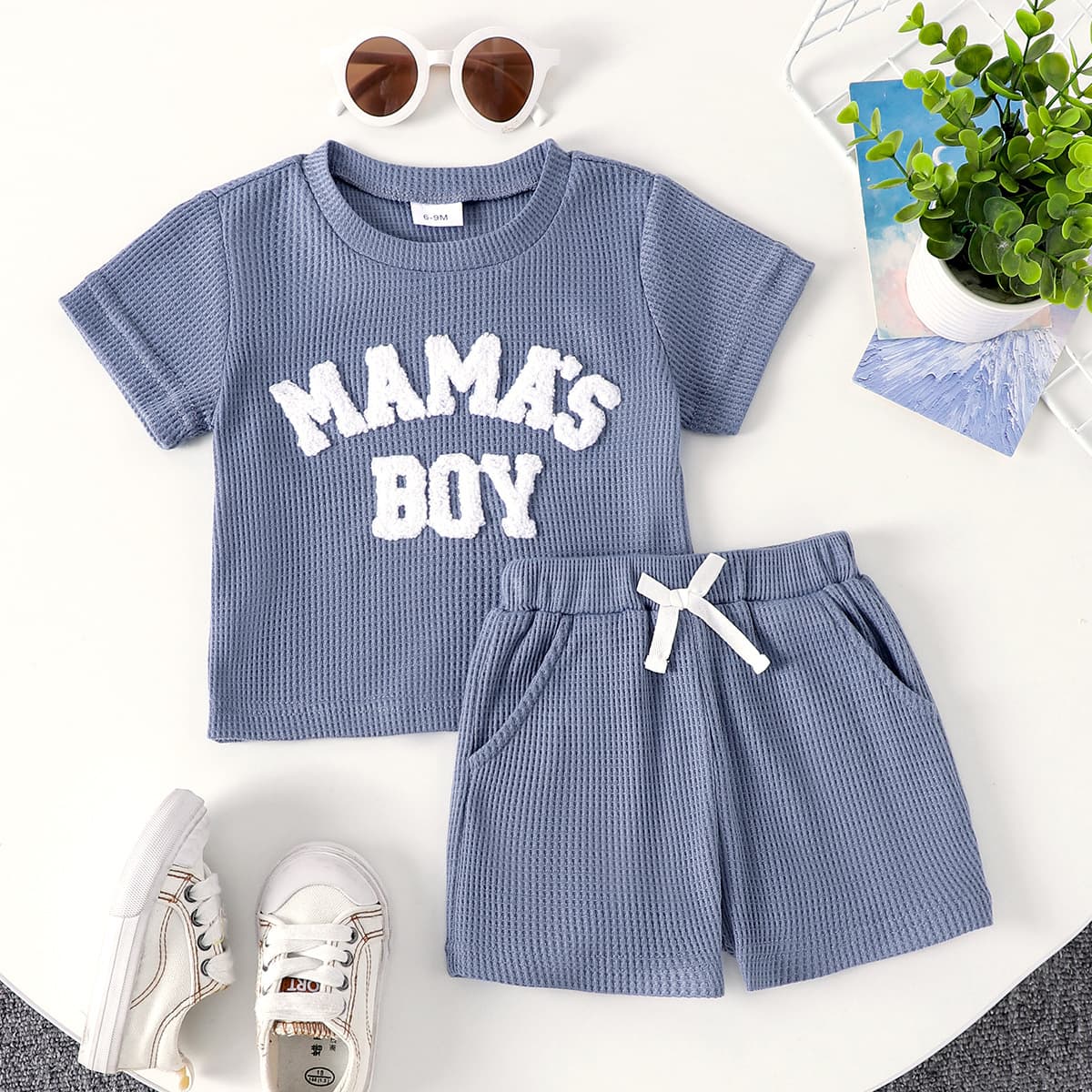Baby Boys Clothes 0-3Y Summer Short Sleeve Waffle Embroidery Top + Shorts 2-Piece Set