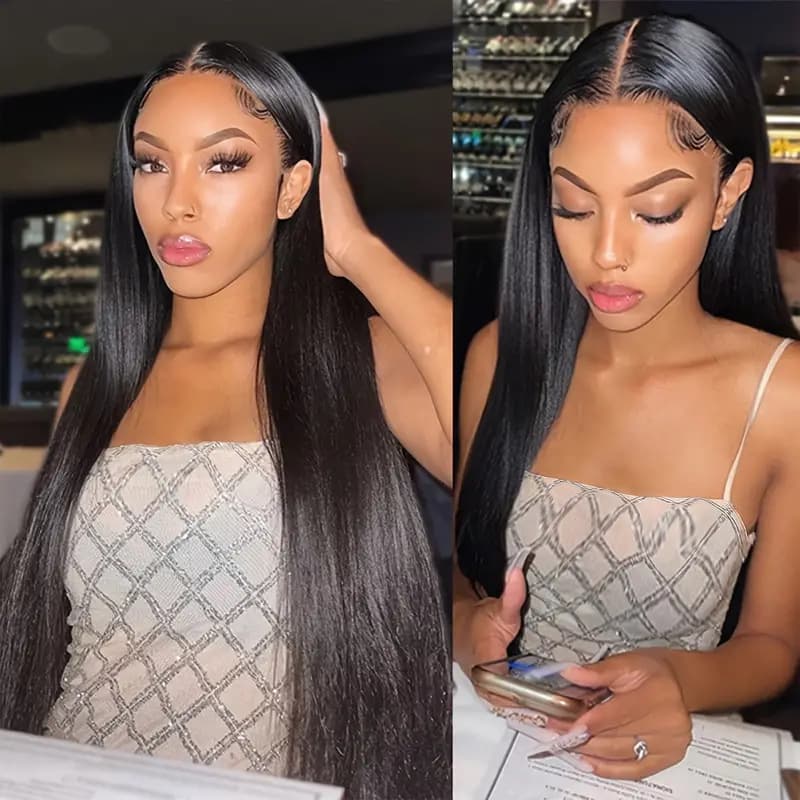 European and American Popular Lace Front Wig for Women with Medium Parted Black Long Straight Hair, Fluffy, Natural, Fashionable and Beautiful Full Hair Set