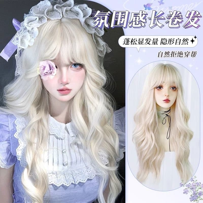 White Gold Colored Women's Long Hair Full Head Wig Big Wave Long Curl Natural Looking Real Human Hair Whole Top Wig