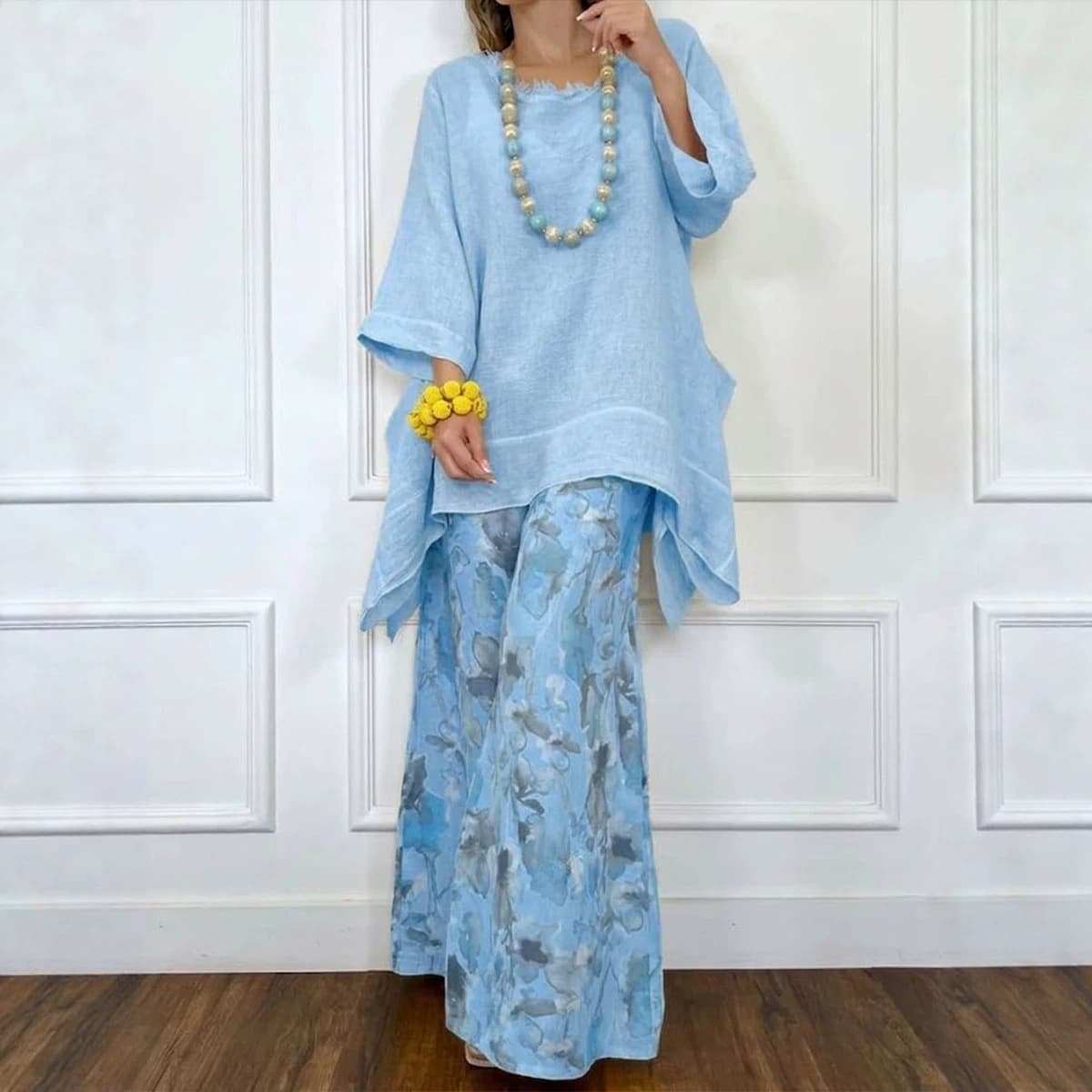 2026 European and American independent station foreign trade cross-border new style women's casual cotton and linen irregular tops and wide-leg pants suits