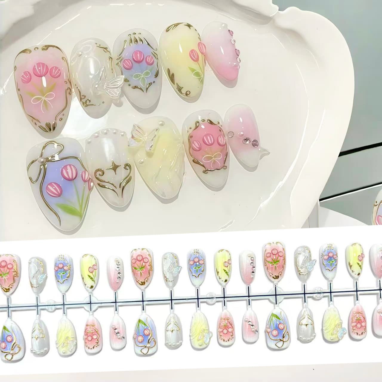 Colorful Dreamy Tulip 3D Butterfly Press-On Nails Ultra-Short Almond White Women's Cross-Border European and American Nail Stickers with Gold Accents