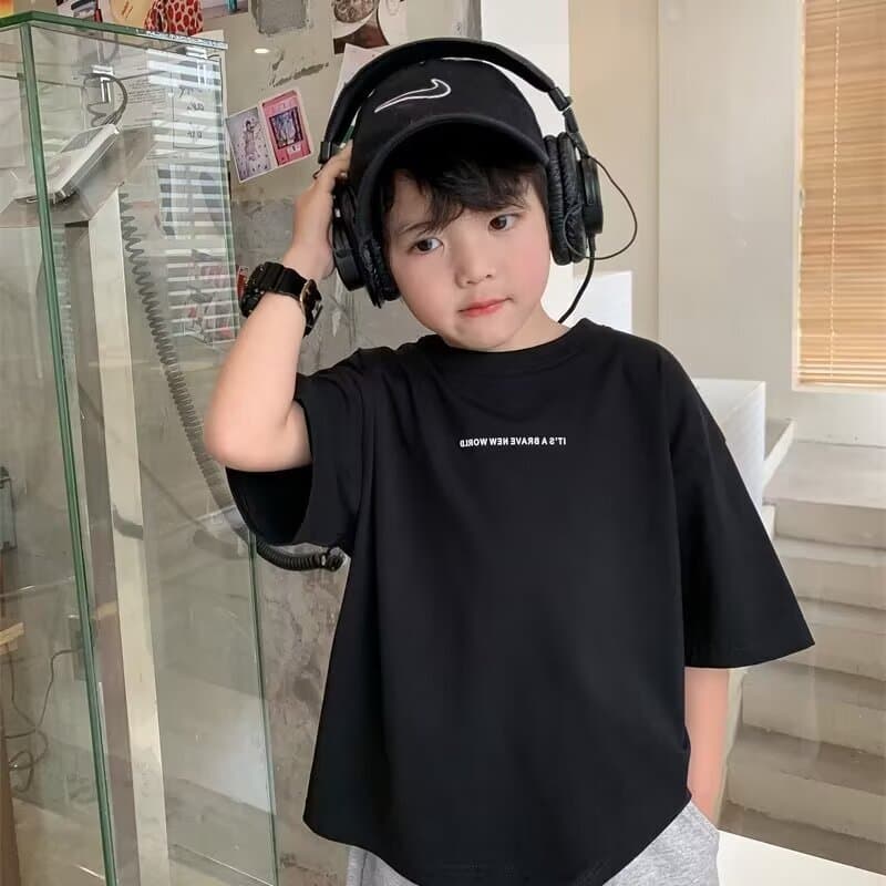 Trendy Brand T-Shirt 2025 Internet Celebrity Style Boys' Loose Oversized Round Neck Printed Sports Short-Sleeve Base Shirt
