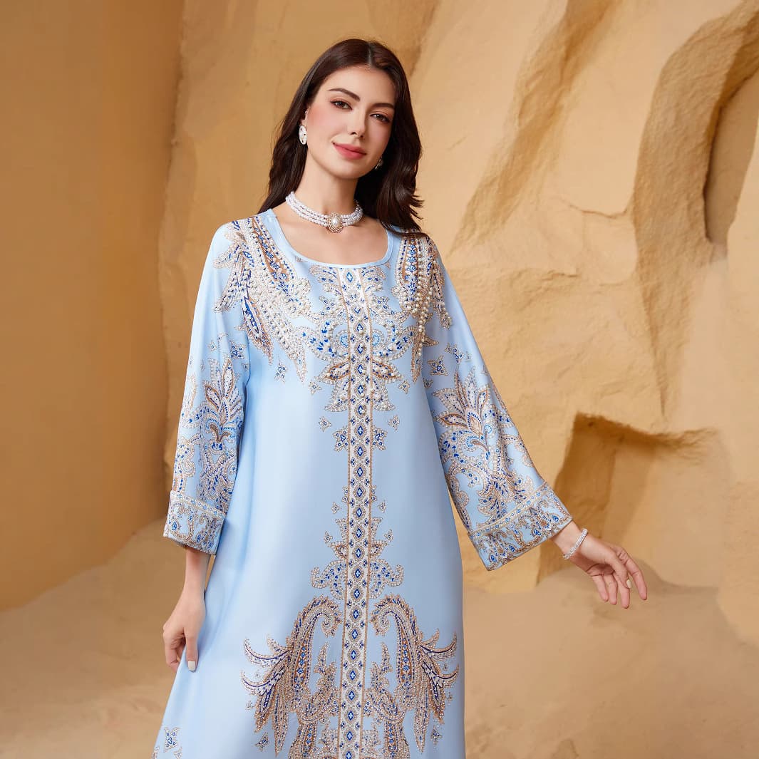Zd011 Cross-Border Dress Women's Robe Beaded Printed Round Neck Slim Fit Abayas