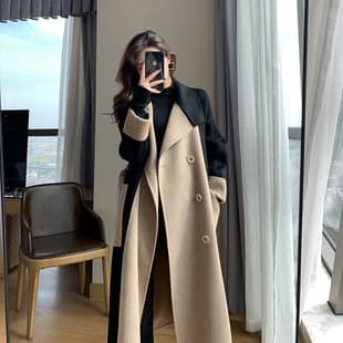 Audrey Hepburn Style Wool Coat for Women Long 2025 Winter New High-End Contrast Color Slim Fit Tweed Coat