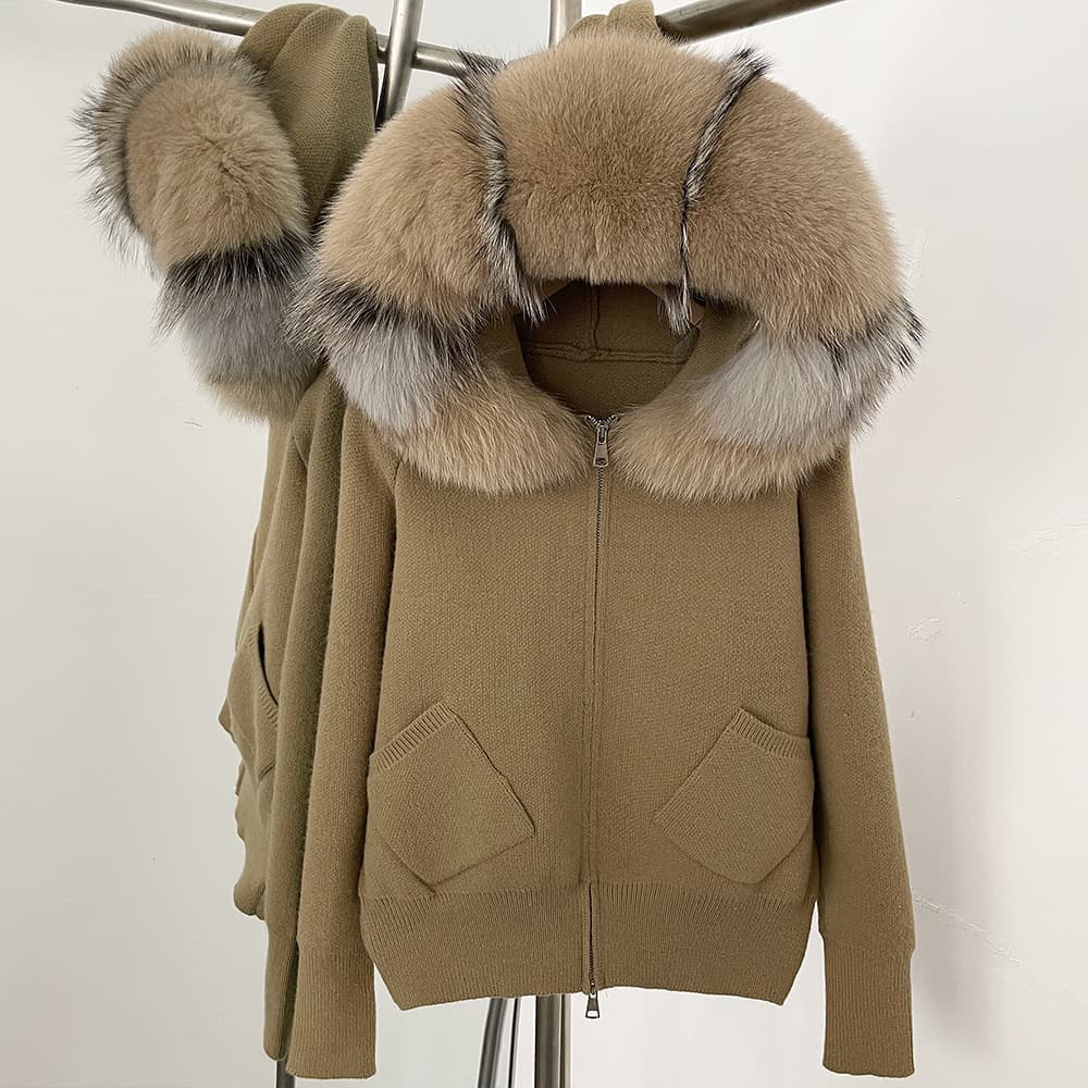 Korean Style Real Fox Fur Big Collar Hooded Casual Knit Cardigan Coat, Autumn/Winter High-End Sweater Top