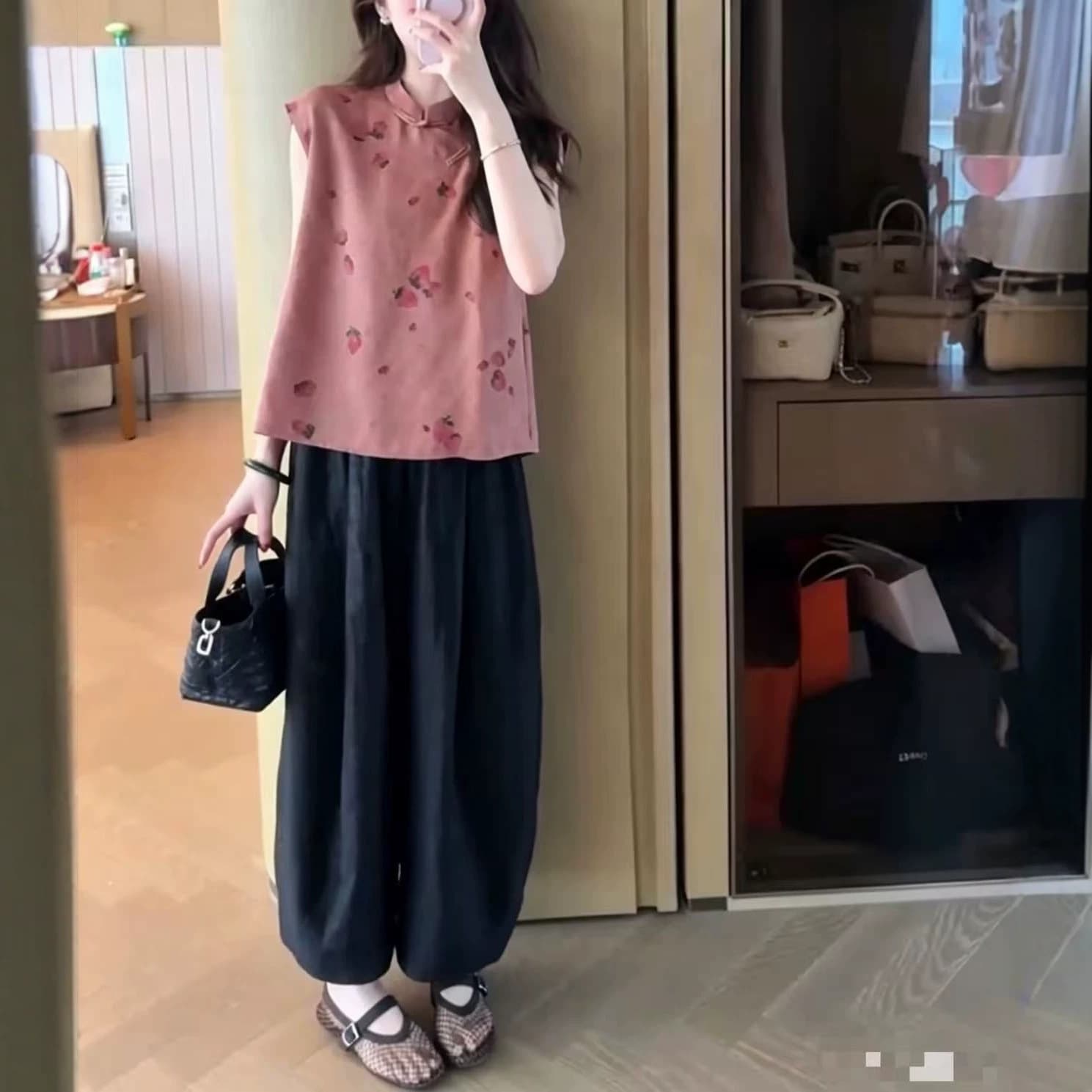26353 New Da Ai Mei Yi Yuan 2026 Summer New Chinese Style Stand Collar Button Top High-waist Wide-leg Pants Women