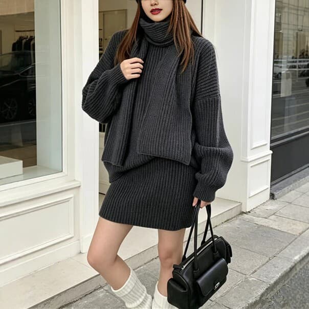 New Autumn/Winter Loose Slimming Sweater Dress Two-Piece Set, Korean Fashion Casual Lazy Style High-Neck Knit Set for Women