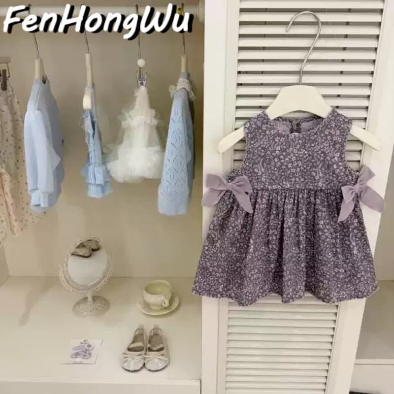 Pink House Girls Sweet Floral Dress Summer New Baby Bow Vest Dress Sleeveless Dress Cross-border