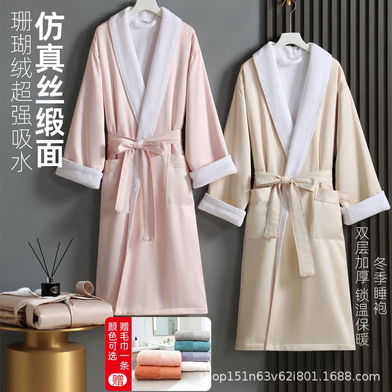 Five-Star Hotel Bathrobe for Women, Anti-Silk Satin Coral Fleece, Water-Absorbent, Super Soft, Thickened, Warm Sleep Robe for Autumn and Winter