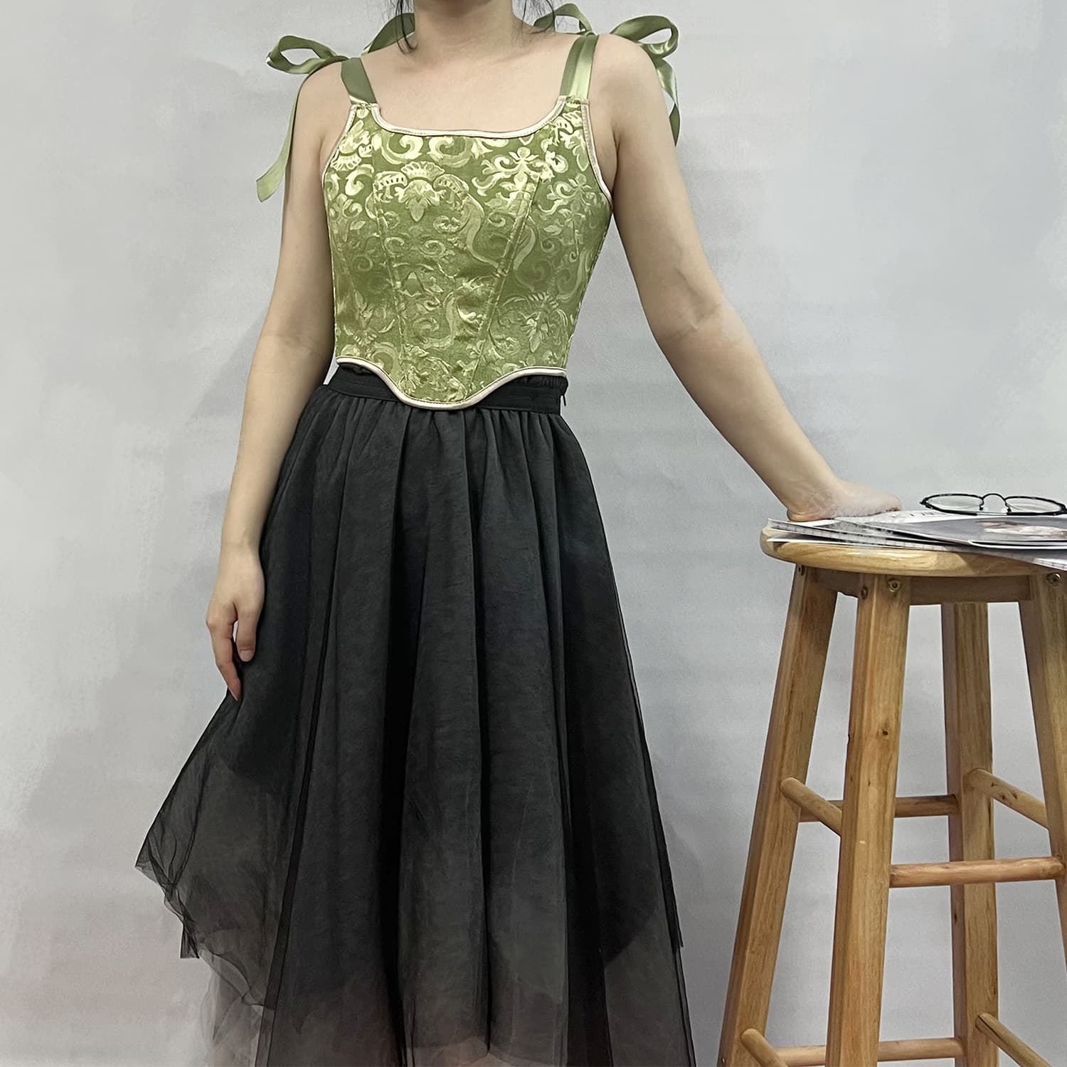 Matcha Green Vintage Jacquard Fishbone Corset Outerwear Court Style Sexy Short Lace-up Vest