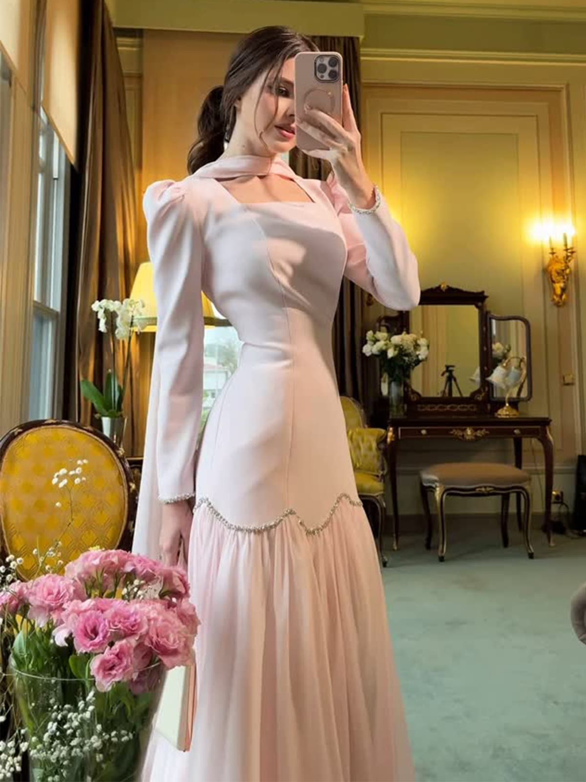 Amazon US/EU Cross-Border 2025 Spring New Handmade Rhinestone Woven Ribbon Design Long Sleeve Lady Slim Fit Dress