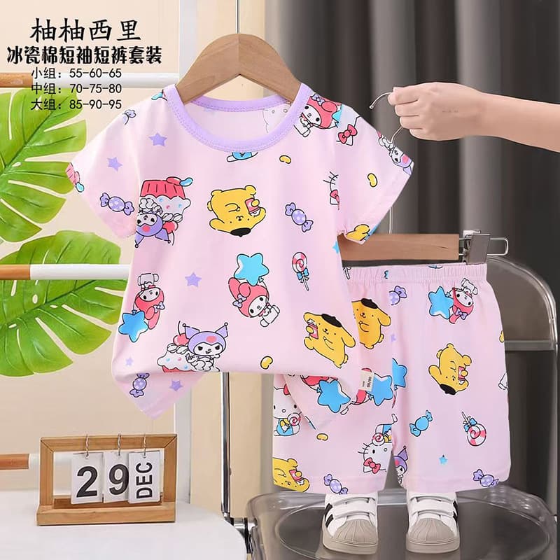 Kids Pajamas Korean Style Ice Porcelain Cotton Full Print Short Sleeve Shorts Sleepwear Set Cartoon Children's Homewear