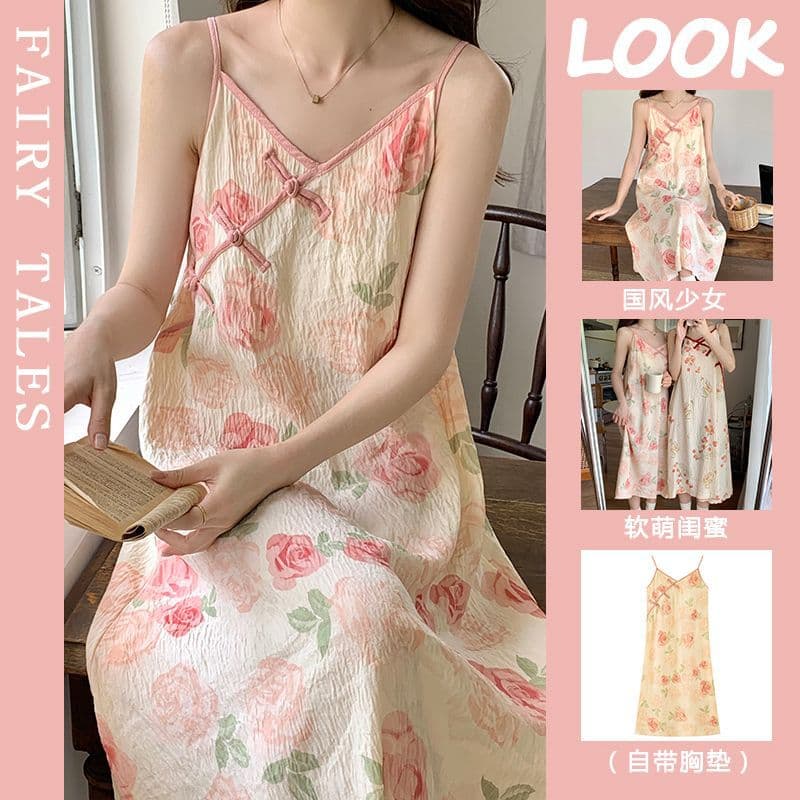 New Summer Chinese Style Cotton Nightgown with Built-in Pads, Midi Length Women's Sleepwear Loungewear
