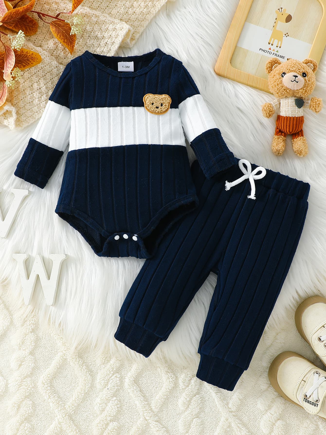 New Cross-Border Baby Boy Striped Outfit, Bear Embroidered Bodysuit, Infant Two-Piece Going-Out Set