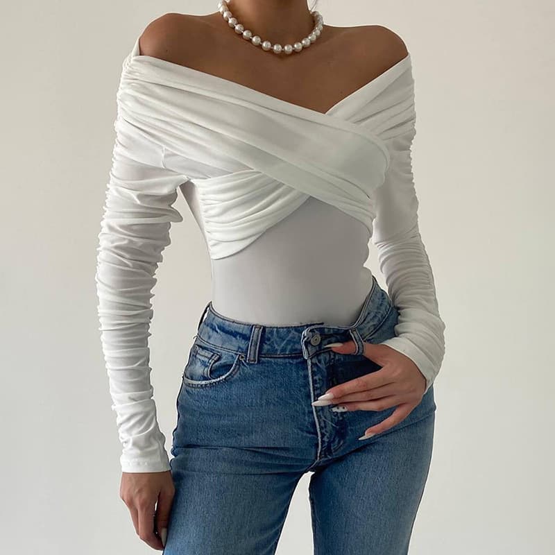 European and American new cross-border spring and autumn women's clothing one-shoulder temperament pleated long-sleeved tops tight hot girl solid color jumpsuit