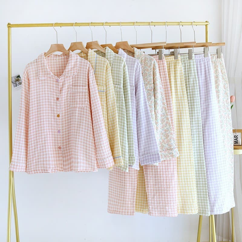 Bubble Cotton Gauze Pajamas, Spring and Autumn Long-Sleeved Floral Thin Lapel Sweet Home Wear Pajama Set for Women, Summer