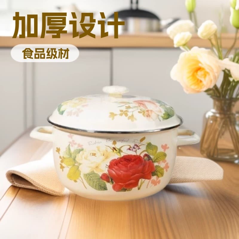 Vintage Enamel Double-Ear Covered Thickened Milk Pot Soup Pot Noodle Pot Porcelain Soup Pot for Export Cross-Border