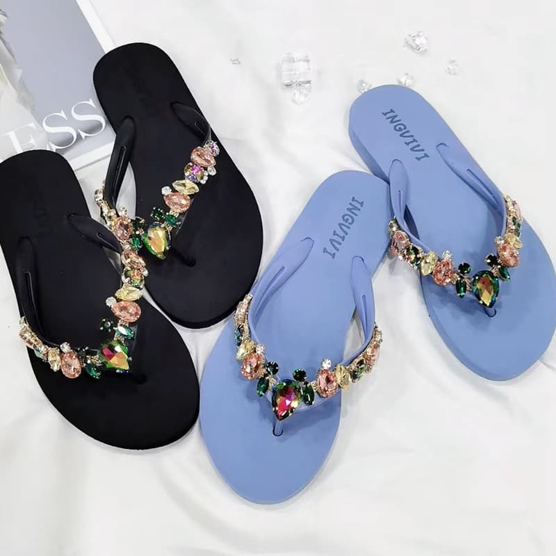 2023 New Women's Flip Flops with Rhinestone Toe Post, Beach Casual Anti-Slip Teardrop Design