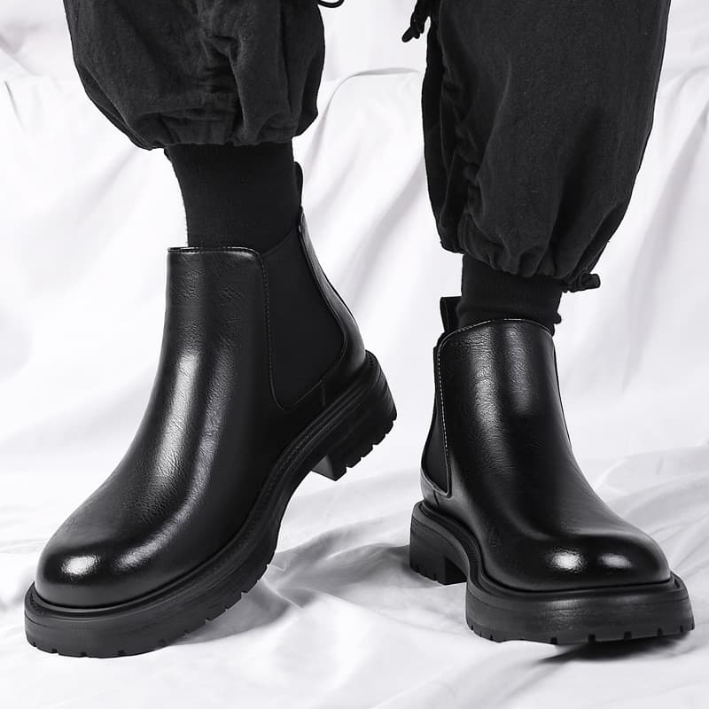 Men's Chelsea Boots Winter Fleece-Lined Warm Short Boots Genuine Leather Chimney Slip-On Height-Increasing High-Top Leather Boots
