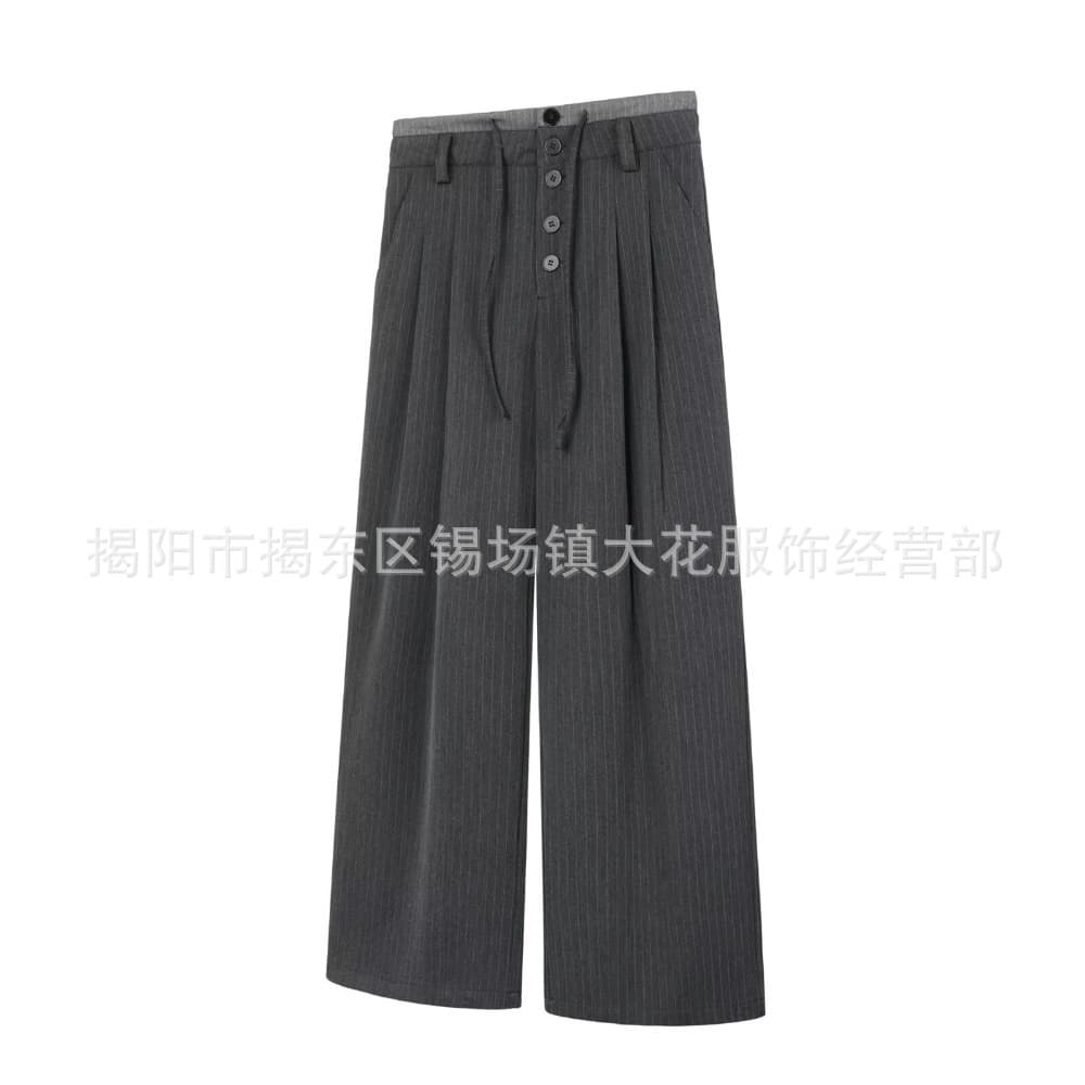 Striped High-Waist Button Tie Kendo Pants Dress Pants American Retro Double Waistband Casual Pants Loose Long Pants Unisex