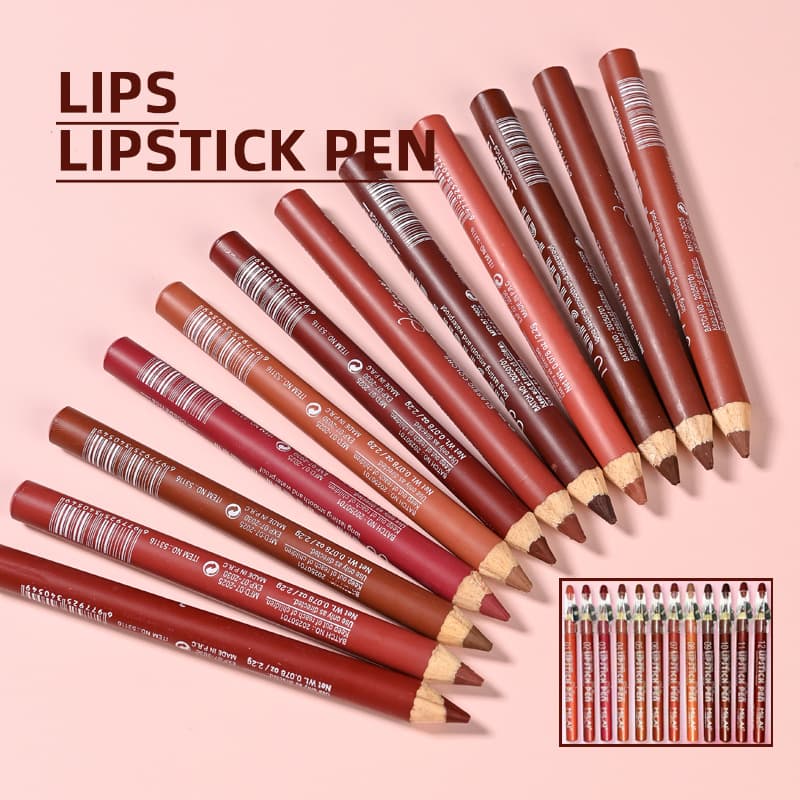 Export Xinjiang Lip Liner 12 Colors Long-Lasting High-Pigment High-Saturation Lip Shaping Lip Liner with Built-in Sharpener