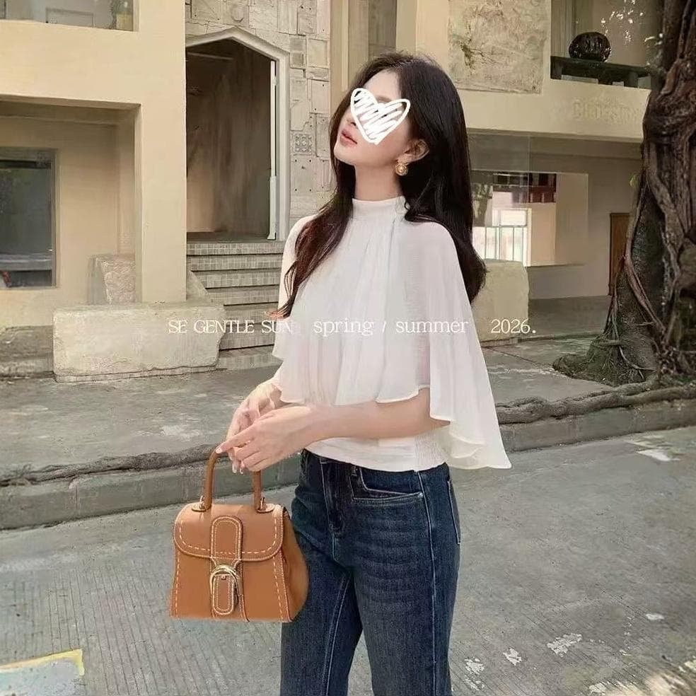 Unique Design Round Neck Cape Chiffon Blouse for Women Loose Fit Slimming Waist Top Z Elegant White Versatile 26611