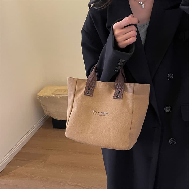 Versatile Canvas Solid Color Tote Bag Japanese Style Lunch Bag for Moms Office Workers Going Out Simple Contrast Color Handle Lunch Box Bag