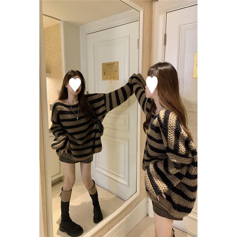 Lazy Style Thick Striped Chunky Knit Sweater for Women, Winter 2025 New Retro Loose Pullover Long Sleeve Knit Top