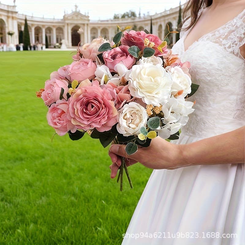 Vintage-style artificial rose bouquets, hydrangeas, peonies, home living room decorations, fake flowers, silk flowers for dining tables and coffee tables.