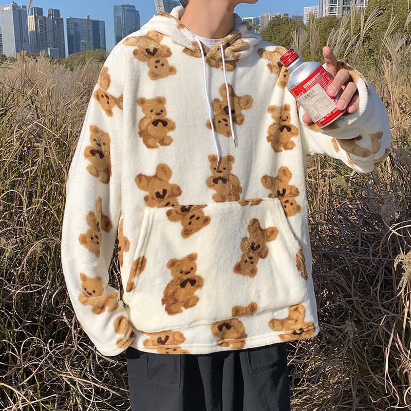 Clearance price autumn and winter lamb velvet sweatshirt men's hooded bear coat Hong Kong style thickened clothes thickened and warm
