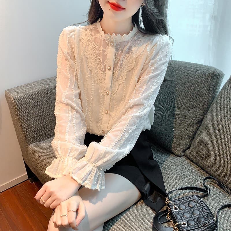 Real Shot Autumn New Korean Style Versatile Round Neck Patchwork Long Sleeve Blouse Women Top Autumn Apricot Hand Painted High Stretch
