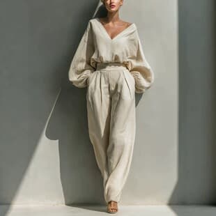 2026 Independent Site European and American Women's Shirt and Pants Two-Piece Long Sleeve Loose Fashion Androgynous Retro Cotton Linen Set