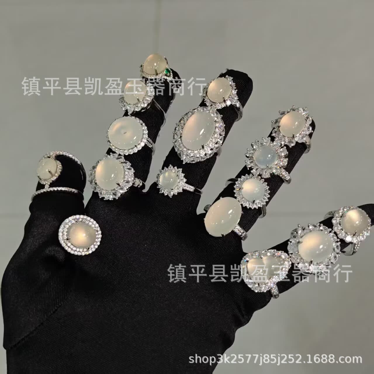 Wholesale silver-plated inlaid ice seed white chalcedony new ring white agate women's open jade women's ring live supply