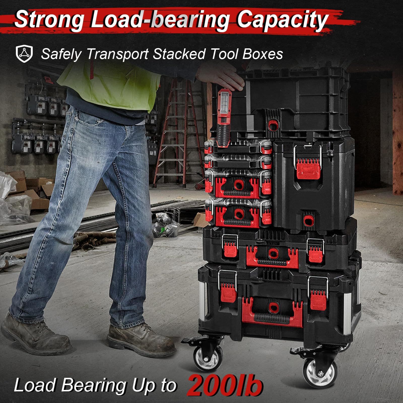 Tool Box Compatible with Milwaukee Packaging, Large Wheel Car Storage Box with Brake System, Iron