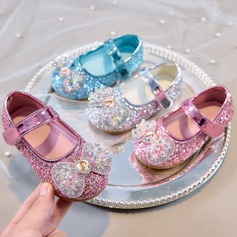Girls' Leather Shoes 2025 Spring/Autumn New Pearl Bow Elsa Princess Shoes, Little Girls' Crystal Flats