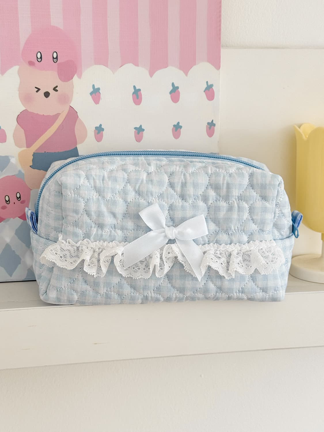 Cross-border Pink and Blue Plaid Sweetheart Lace Storage Bag, High-Aesthetic Fresh Girly Style New Quilted Large-Capacity Cosmetic Bag