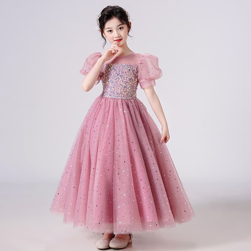 Girls' Dress Princess Gown Sequined Puff Sleeve Long Tulle Dress Flower Girl Wedding Summer